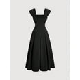 thumbnail image 2 of Black Square Neck Shell Sleeve Pleated A-Line Midi Dress For Formal Events, 2 of 4