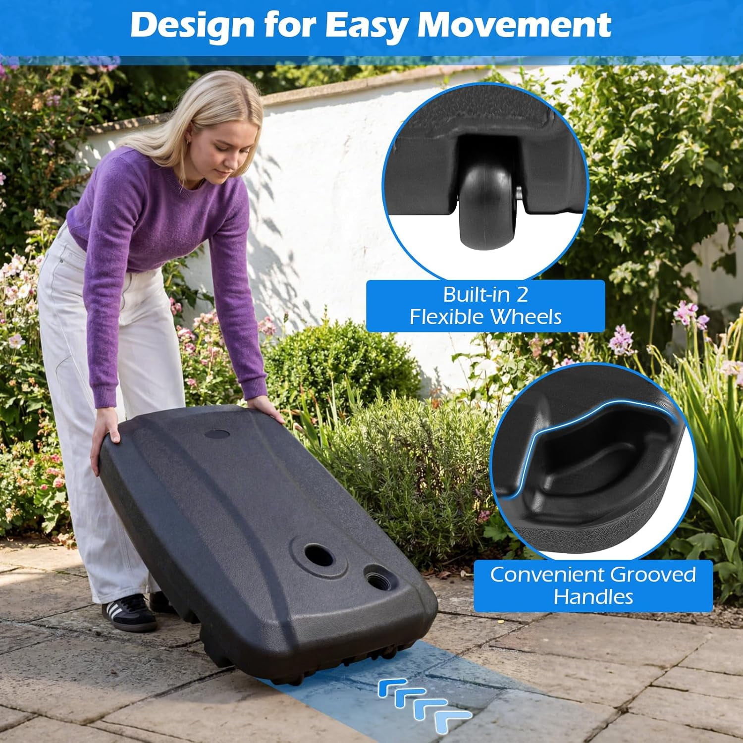Springg Cantilever Umbrella Base with 2 Wheels, 225 Lbs HDPE Offset Umbrella Stand with Crossbar, Water & Sand Fillable Weighted Umbrella Plate for Yard, Garden, Poolside