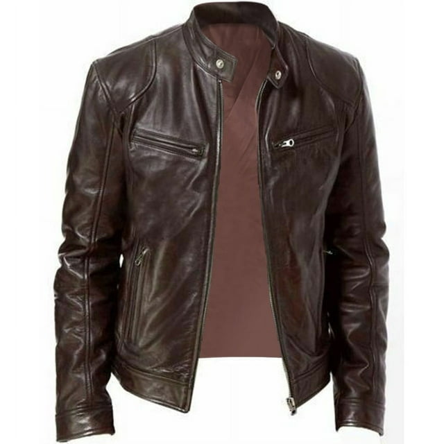YUEHAO Abrigos de invierno para hombre, chaqueta vintage de cuero de manga larga con cuello alto para otoño e invierno, chaquetas de cuero para hombre