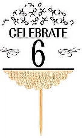 6th Birthday / Anniversary Novelty Burlap Cupcake Decoration Picks -12pack