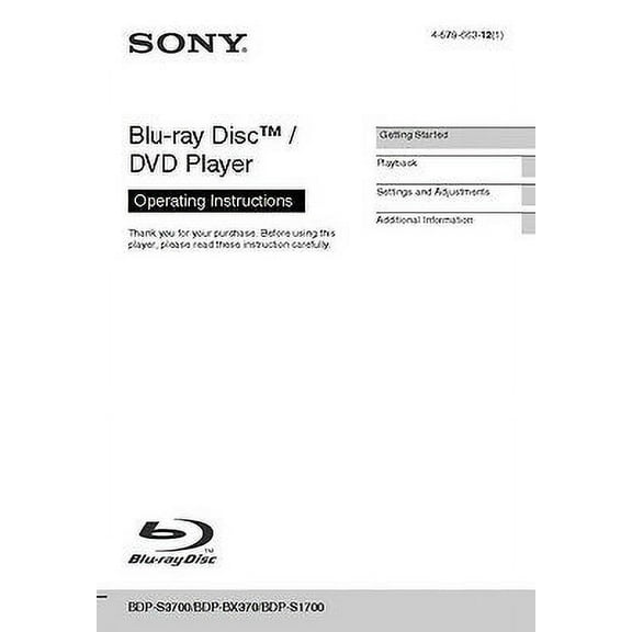 Instruction Manual ONLY for Sony BDP-S1700 Blu-ray Player Owners Manual REPRINT