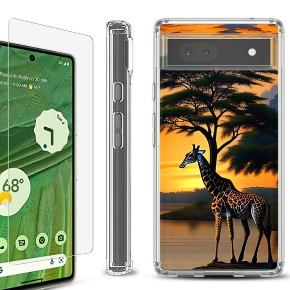 Shockproof Bumper Phone Case for Google Pixel 6a, with Tempered Glass Screen Protector, by OneToughShield ® - Giraffe Sunset