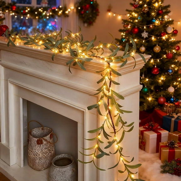 Twinkling Tree Olive Garland with Warm White LED Lights | Battery Operated Artificial Olive Leaf Decor for Bedroom Living Room Wedding Indoor Outdoor Home