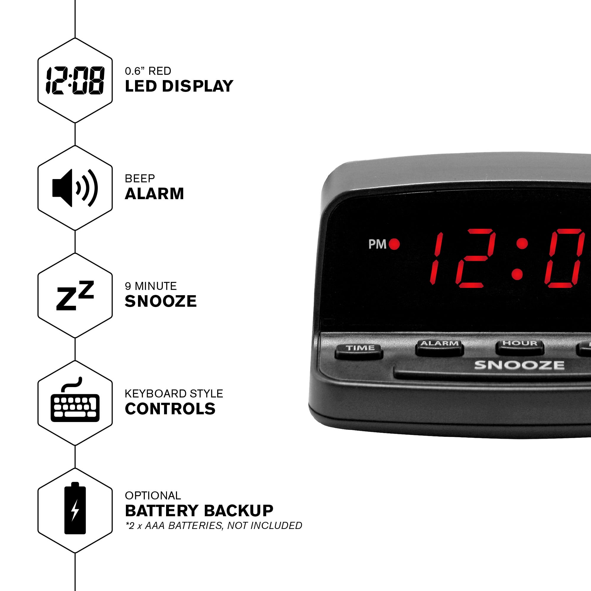 Mainstays 7.15 x 0.85 Digital Black Desk Alarm Clock with Timer