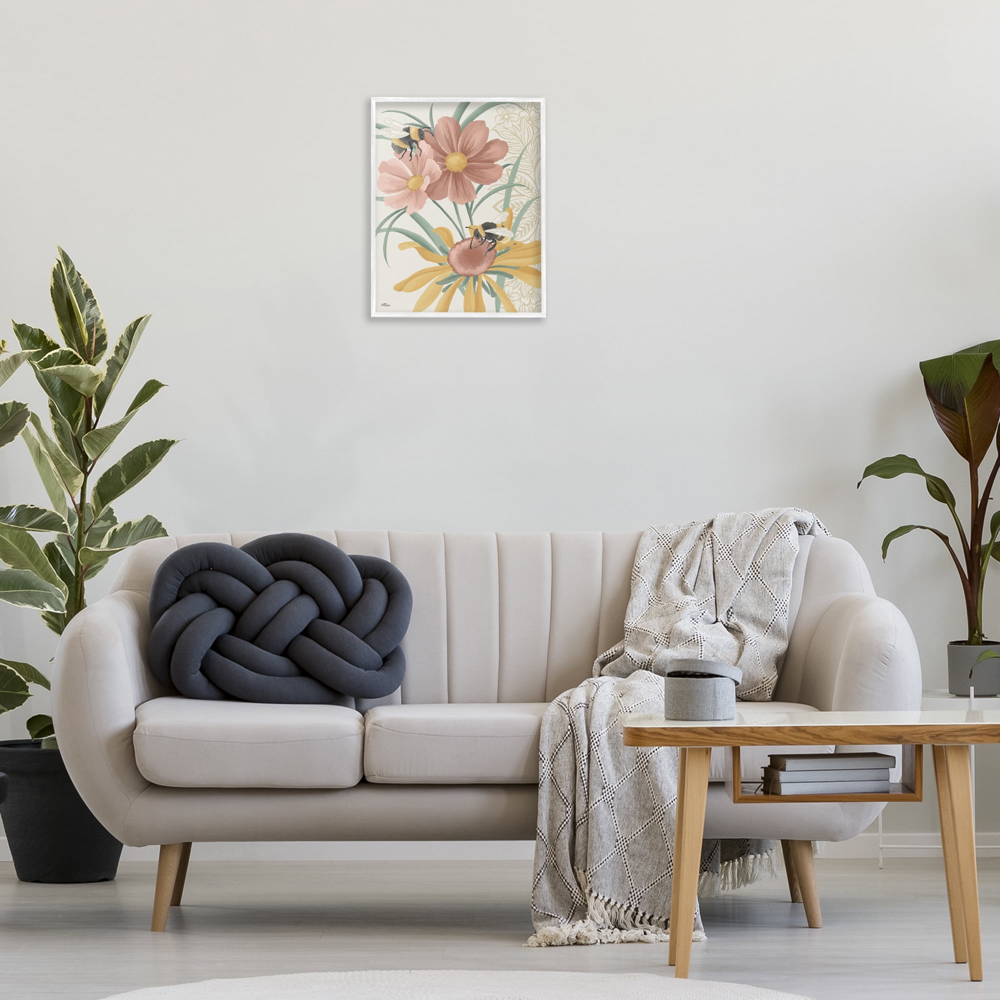 Stupell Industries Pollinating Bumble Bees Botanical & Floral Painting White Framed Art Print Wall Art, 16 x 20