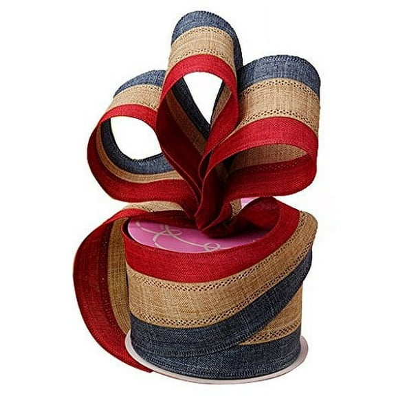 Rustic Patriotic Burlap Striped Ribbon - 2 1/2" x 10 Yards, Vintage Americana, 4th of July, USA, Christmas, President's Day, Memorial Day