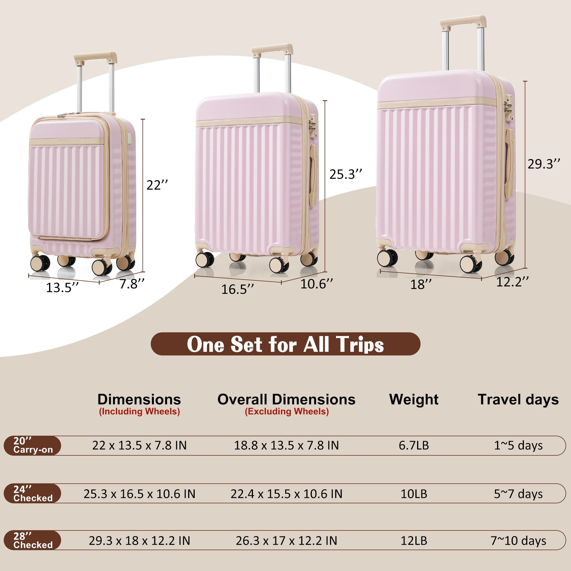 Euroco 3 Piece Front Opening Luggage Set, Hardshell Expandable Carry on Suitcase with Spinner Wheels,USB Port & TSA Lock, Lightweight Luggage for Travel,20in/24in/28in,Pink