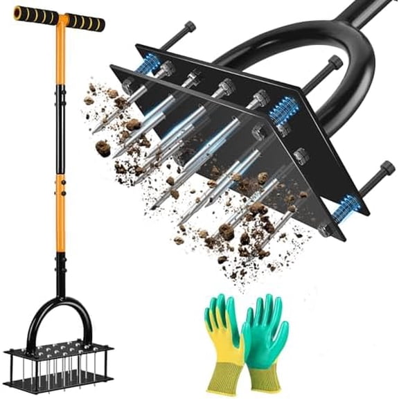 Lawn Aerator, Aerator Lawn Tool with 16 Spikes Spring Base and Gloves Pre-Assembled Manual Yard Aerator Tool Automatic Leaf and Dirt Cleaning for Yard Lawn Garden Aeration$$Garden & Patio
