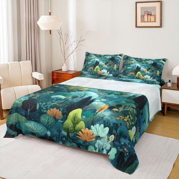 Manfei Jungle Trees 3pcs Twin Sheet Sets for Teens Boys Girls,Botanical Plants Twin Fitted Sheet,Woodland Theme Breathable Flat Sheet,Breathable Home Decor