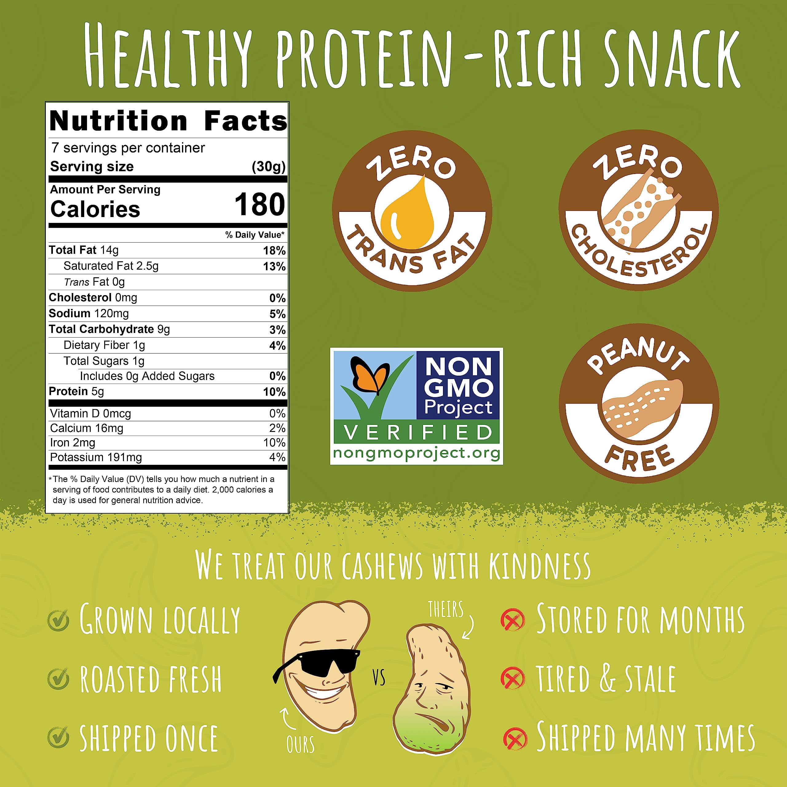 Whole Roasted Lightly Salted Cashews by Sunshine Nuts Co., Gluten Free, Peanut Free and Vegan Individual Snack Packs for Kids and Adults, GMO Free, Handful of Herbs Flavor, 6 Pack, 7 oz. Each