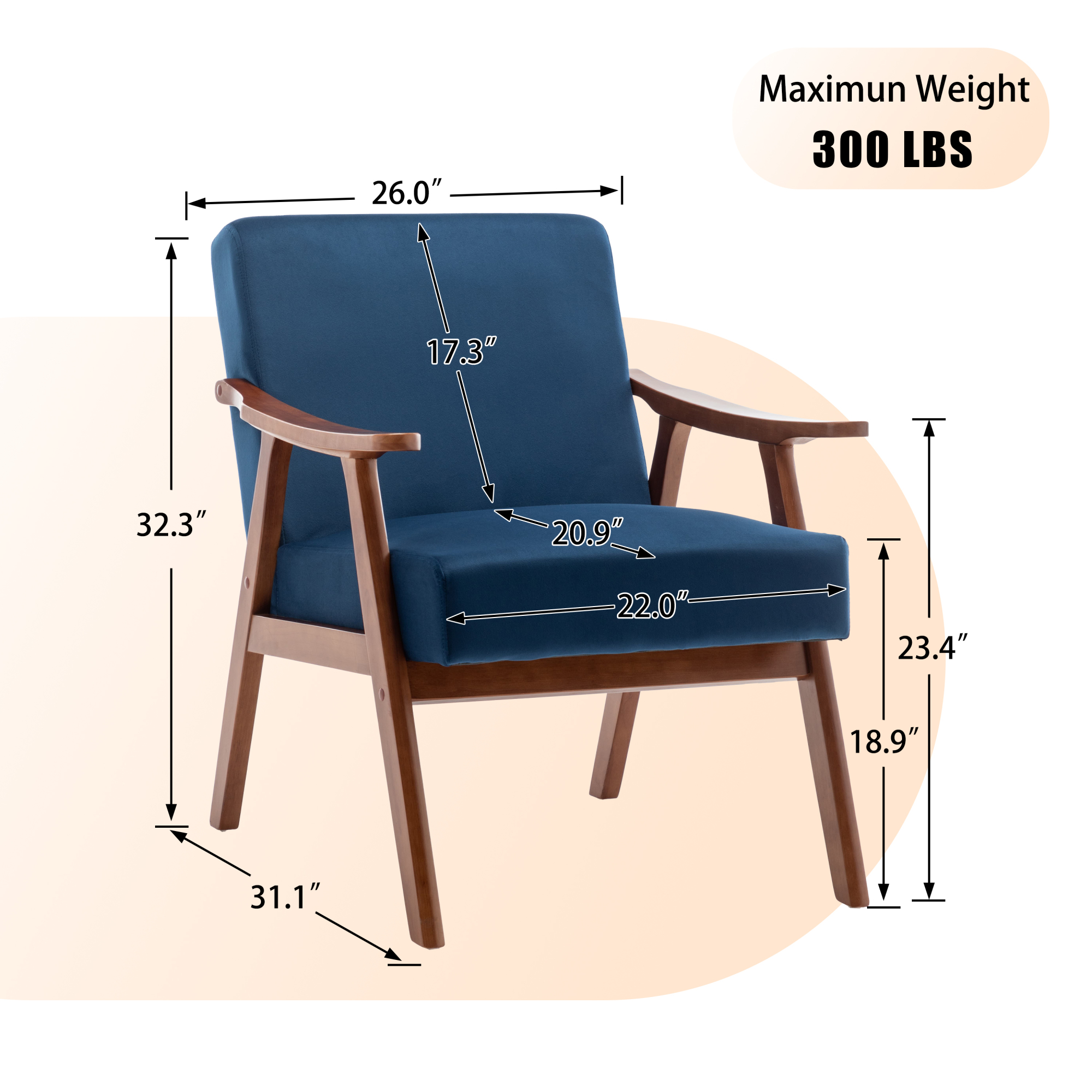 Accent Chair, Mid-Century Modern Armchair with Solid Wood Legs, Reading Leisure Chair with High Back for Living Room Bedroom Waiting Room, Blue+Velvet