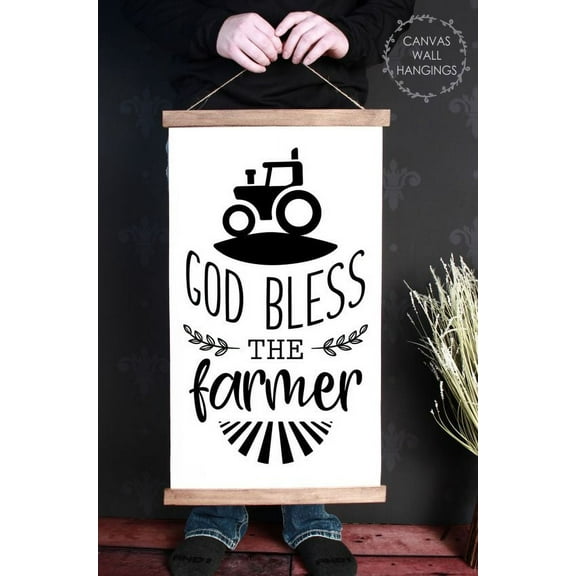 Wood, Canvas Wall Hanging Sign God Bless the Farmer Farmhouse Art Décor Quote 15x26-Inch