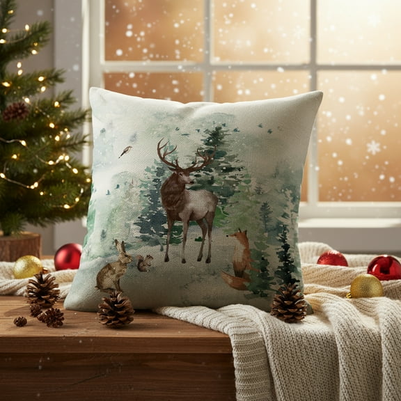 Sm:)e Watercolor Deer Winter Pillow Cover 18x18 Inch, Winter Holiday Decor for Sofa