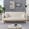 thumbnail image 2 of Velvet Futon Sofa Bed, Small Sleeper Sofa Loveseat with 2 Decorative Pillows, Modern Upholstered Convertible Couch with 4 Metal Tapered Legs, Beige, 2 of 6