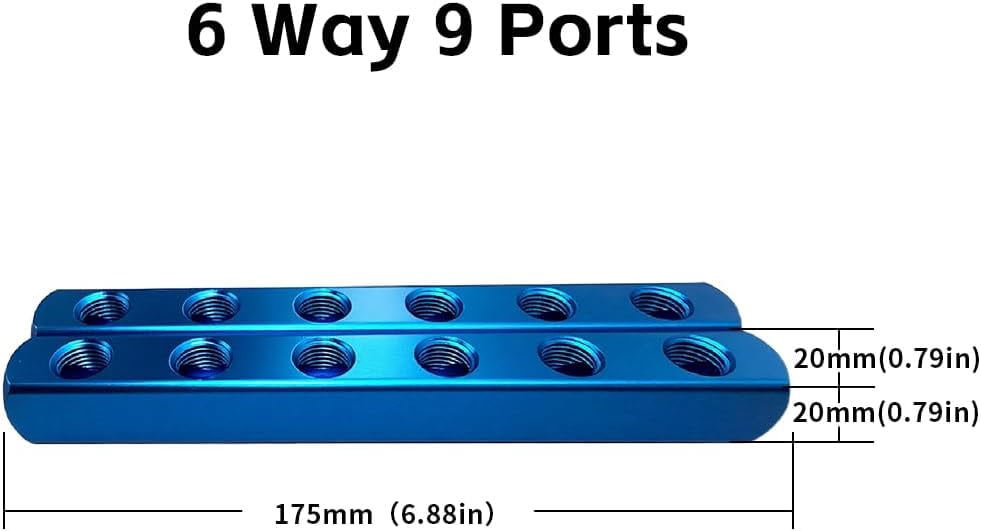 MKEUDQ-2PCS 1/4" 6 Way 9 ort Hose Inline Manifold Block Splitter, Pneumatic Air Compressor Manifold, Aluminum Air Distribution Manifold,Blue (6 Way 9 Port)
