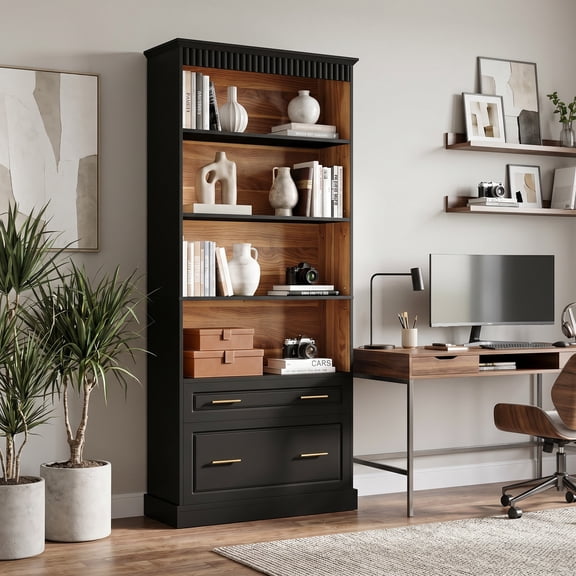 Fnova 72" Tall Bookcase with File Cabinet Drawer, Freestanding Display Storage Shelves, 5-Shelf Open Bookshelf for Home Office Living Room, Black