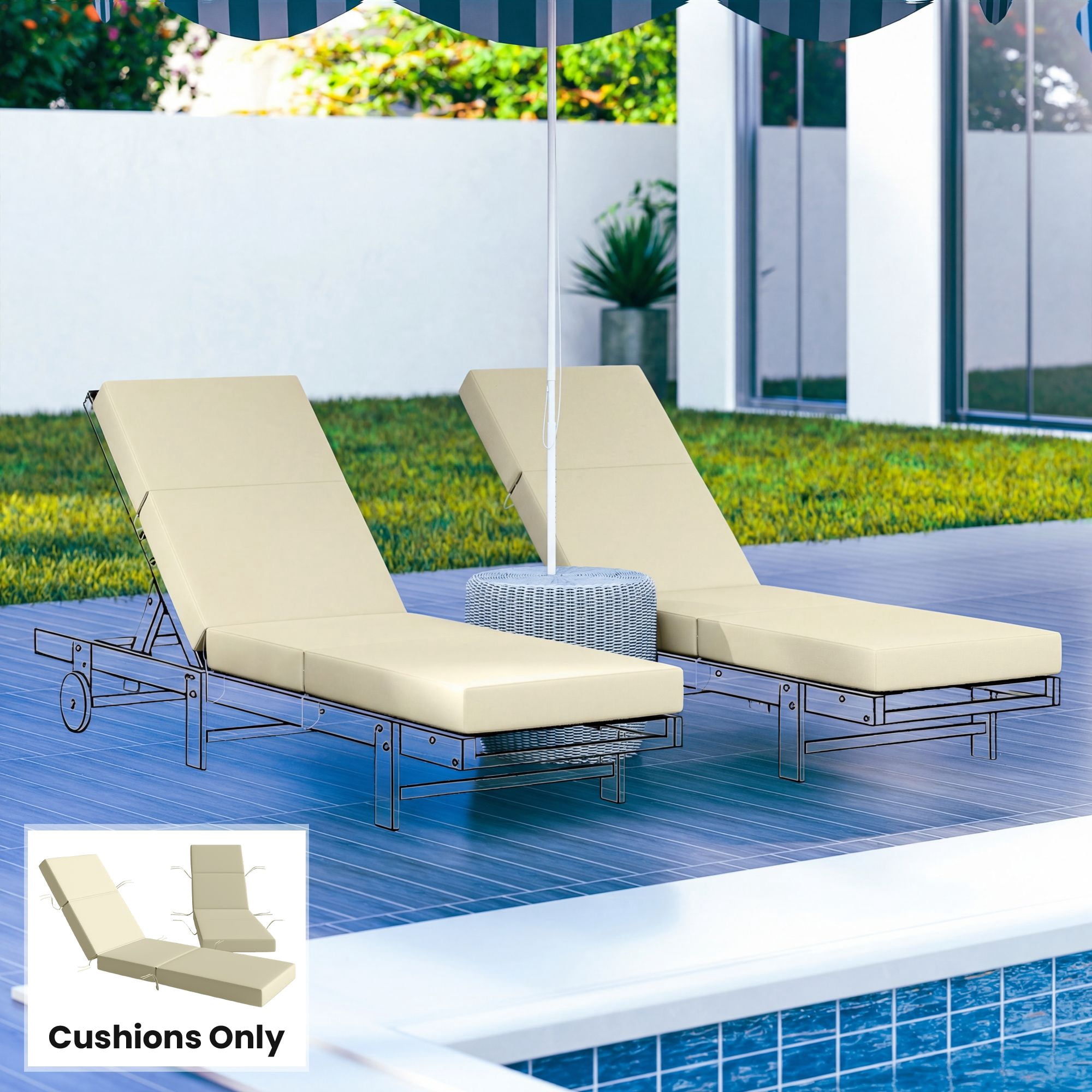 Alvantor Set of 2 Chaise Lounge Cushion 4" Lounge Chair Cushion for Outdoor 21" x 72 ",Cream White