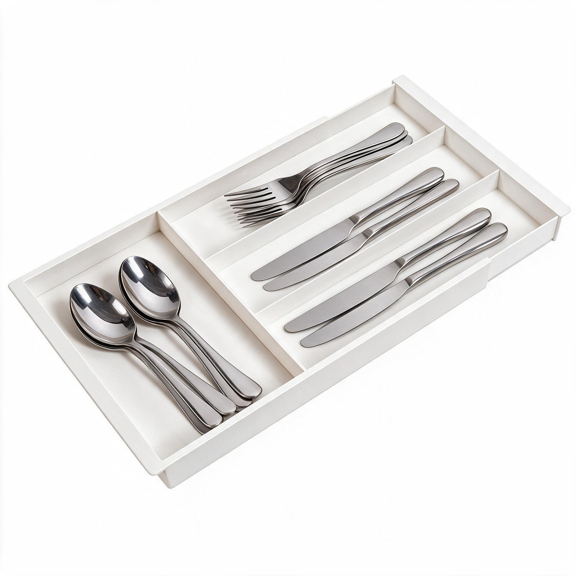 Expandable Silverware Organizer for Drawer, Cutlery Tray Utensil Holder with 4 Slots for Flatware Chopsticks Straws, White