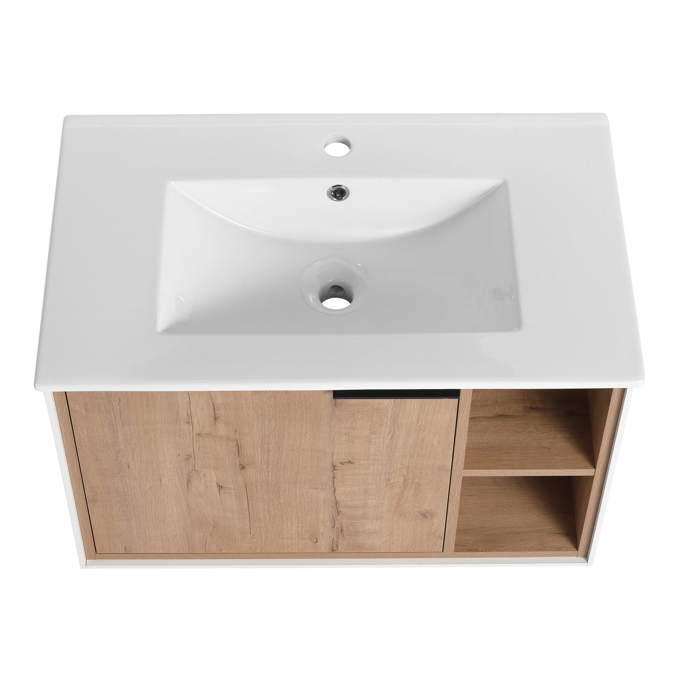 Noble House 30" Floating Wall-Mounted Bathroom Vanity, Ceramic Sink, Soft-Close Door, Open Racks, Imitative Oak