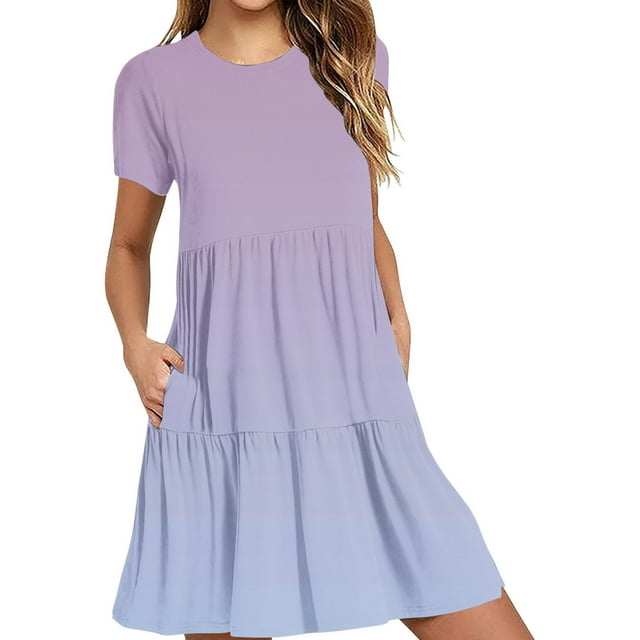 Hyknon Robes pour Femmes Mode Été Décontractée Robe T-Shirt à Manches Courtes Robes Mini à Étages avec Poches Robes Décontractées Douces et Amples