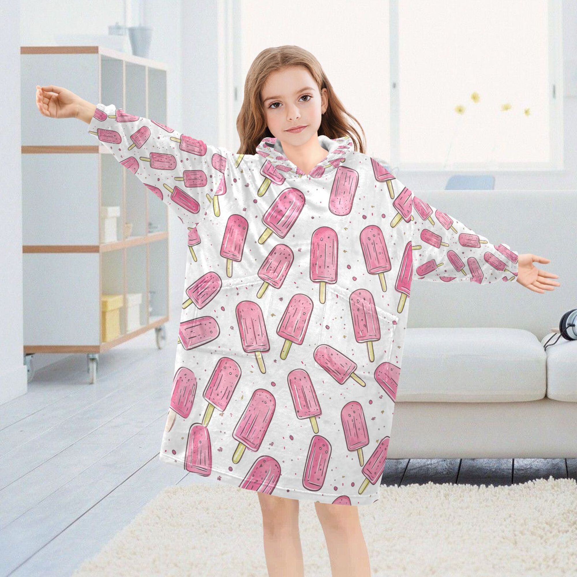 FORMRS Wearable Blanket Hoodie with Sleeves for Kids Cozy Flannel Sweatshirt, Pink Popsicle Pattern