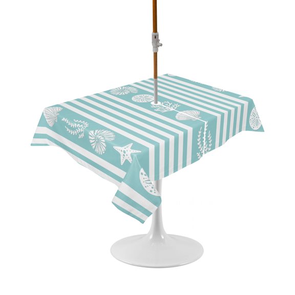Outdoor Table Cloth with Umbrella Hole and Zipper, Teal Striped Coastal Waterproof Rectangle Tablecloth 54"x80", Nautical Beach Starfish Shell Washable Table Cover for Outside Party Patio Picnic