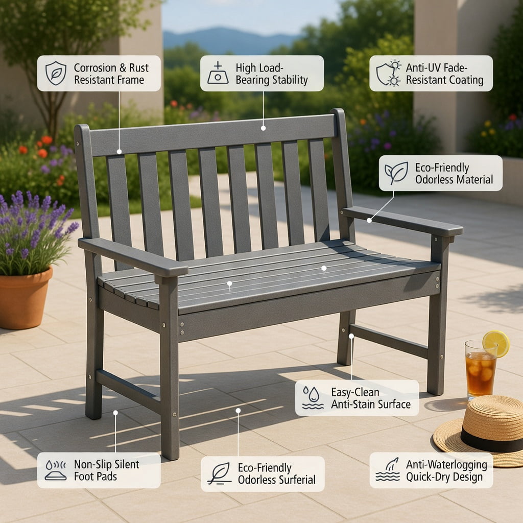 Hommoo 52" All-Weather HDPE Outdoor Bench with Backrest & Armrests, Heavy-Duty Garden, Porch, Backyard Seating, Gray