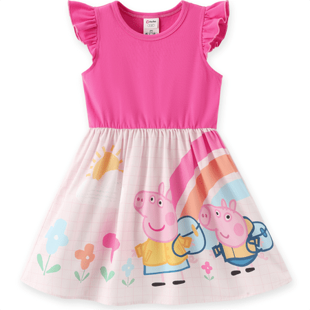 Peppa Pig Girls Dress Flutter Sleeve Cartoon Graphic Dress Summer Casual Party Kids Outfit Pink Sizes 4-5Y