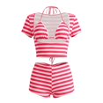 thumbnail image 5 of Arlun Women’s 3 Piece Stripe Outfits Short Sleeve Cut out Crop Top and Sleeveless Cami Bodycon Mini Shorts Set Y2k Color Block Stretchy Slim Fitted Summer Beach Party Matching Sets Pink M, 5 of 7