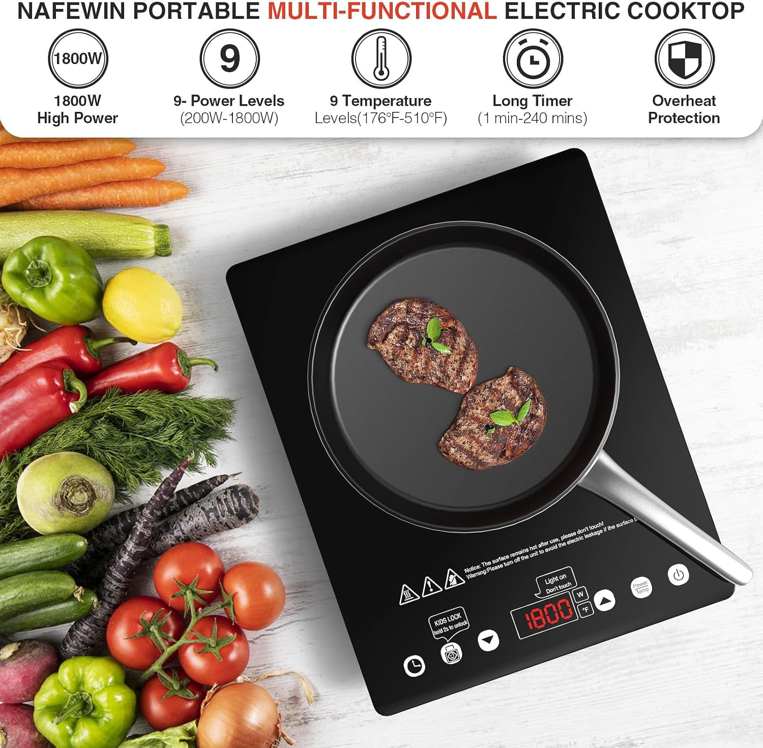 1800W Single Burner Electric Cooktop with Touch Control, 9 Power Levels, Child Lock Timer for Home Camping