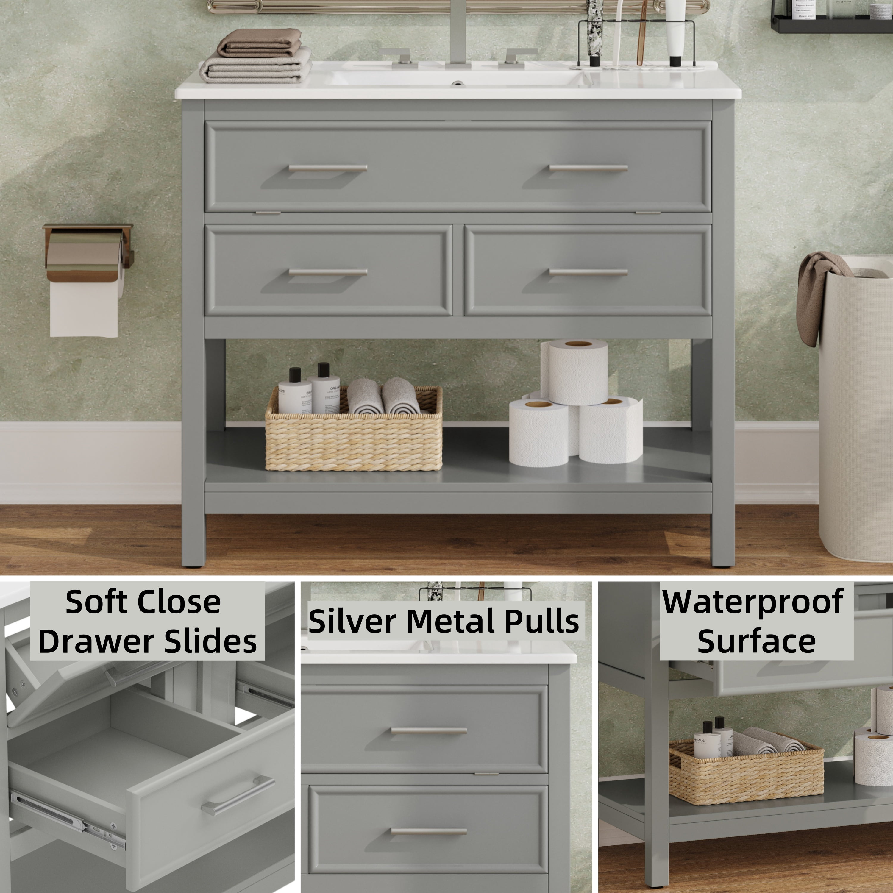 Euroco 36" Bathroom Vanity with Ceramic Sink, Bathroom Vanity with Tip-Out Tray and 2 Full-Extension Drawers, Silver Pulls and Soft Close Drawer Slides Design, 1 Open Shelf at the Bottom, Gray