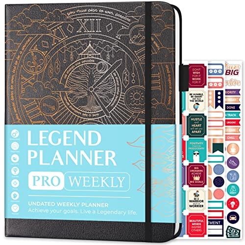 Planificador Legend PRO - Planificador semanal y mensual de lujo, productividad y objetivos. Organizador tiempo - Sin fecha - 7x10 + Pegatinas - Gris místico