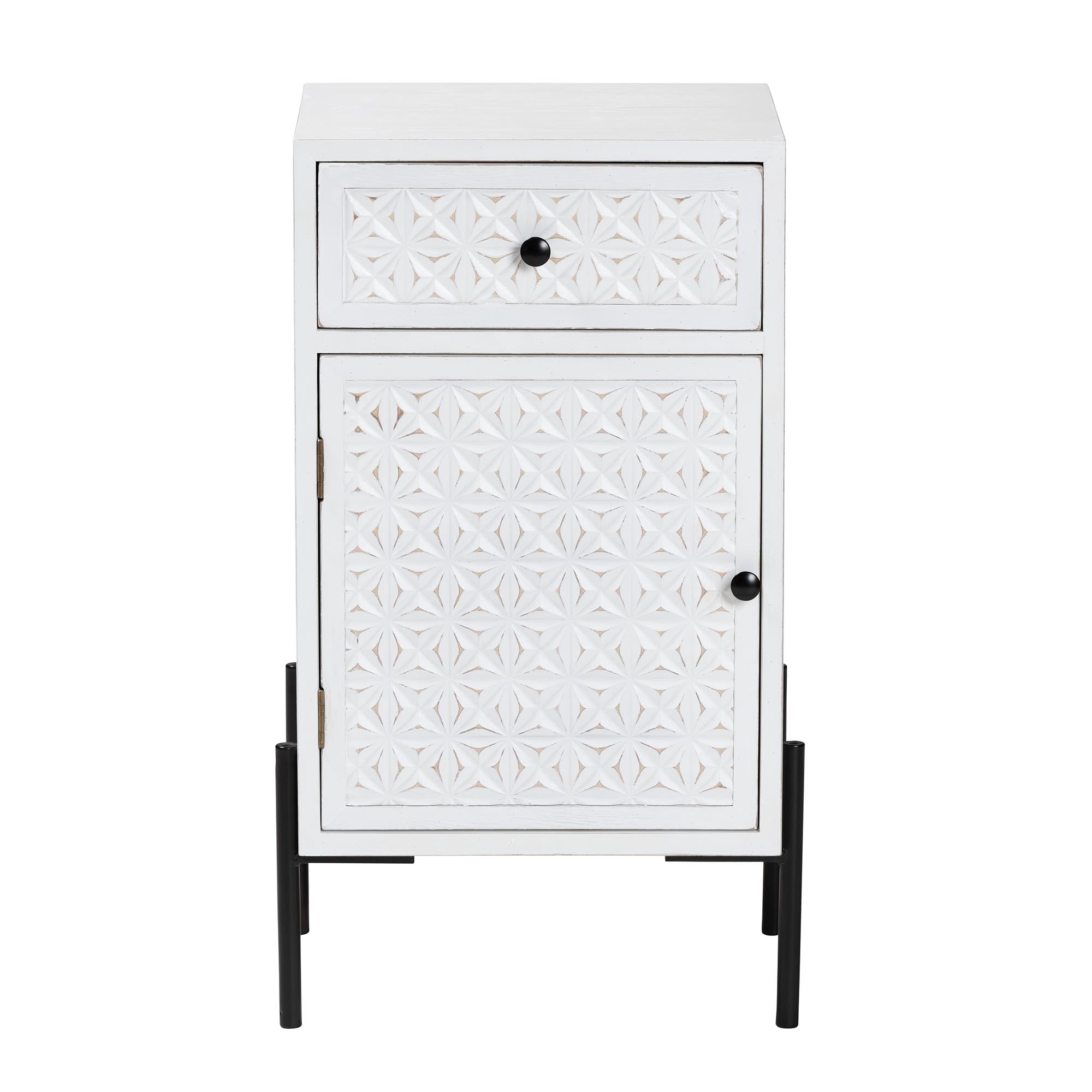 Baxton Studio Nefeli Mid-Century Transitional White Finished Wood and Black Metal 1-Drawer Storage Cabinet
