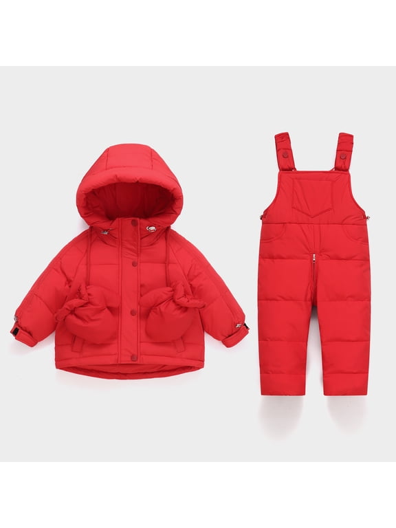 Baby Down Snow Suit Thicken Warm Winter Toddler Snow Bib Pants And Puffer Jacket Hooded Waterproof Cute Kids Snowsuit