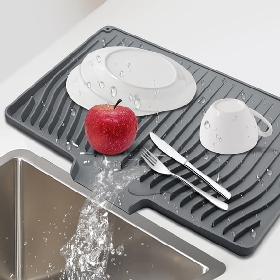 Silicone Dish Drying Mat, 19 x 13.7 inch Non Slip Heat Resistant Mat for Kitchen Countertops and Sinks, Gray