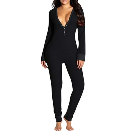 

wybzd Women s Butt Flap Pajamas Onesies Deep V Neck Bodycon Jumpsuit Long Sleeve Romper Overall Black S