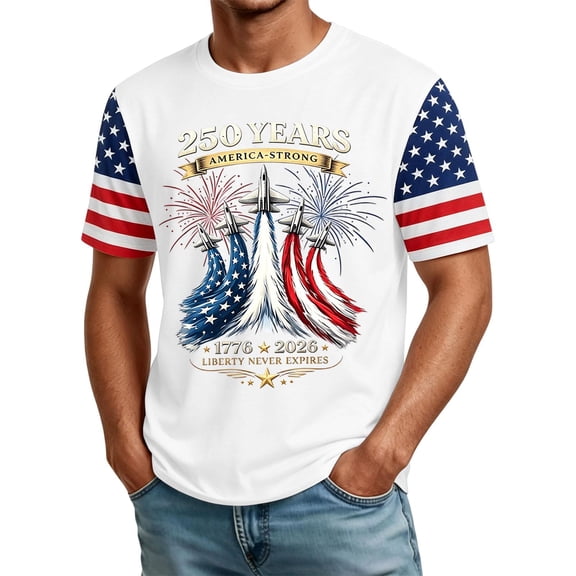 Zimjoy 250 Anniversary Men's Shirts USA Flag Spliced Short Sleeve 4th of July Tshirts Crew Neck Patriotic Independence Day T Shirt, White 3XL