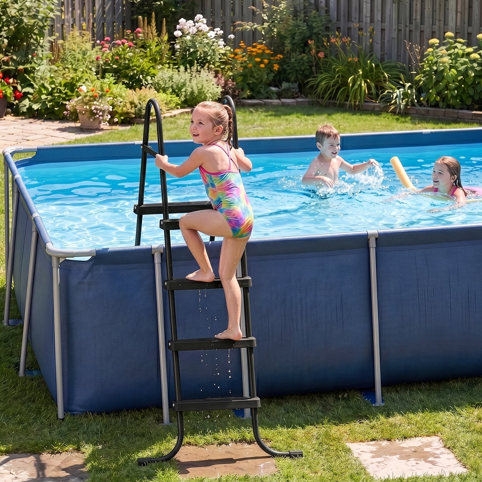 Zimtown 4-Step Pool Ladder, 52 Inch Above Ground Swimming Pool Ladder with Black Metal Frame & Black Steps, Heavy-Duty Entry Ladder