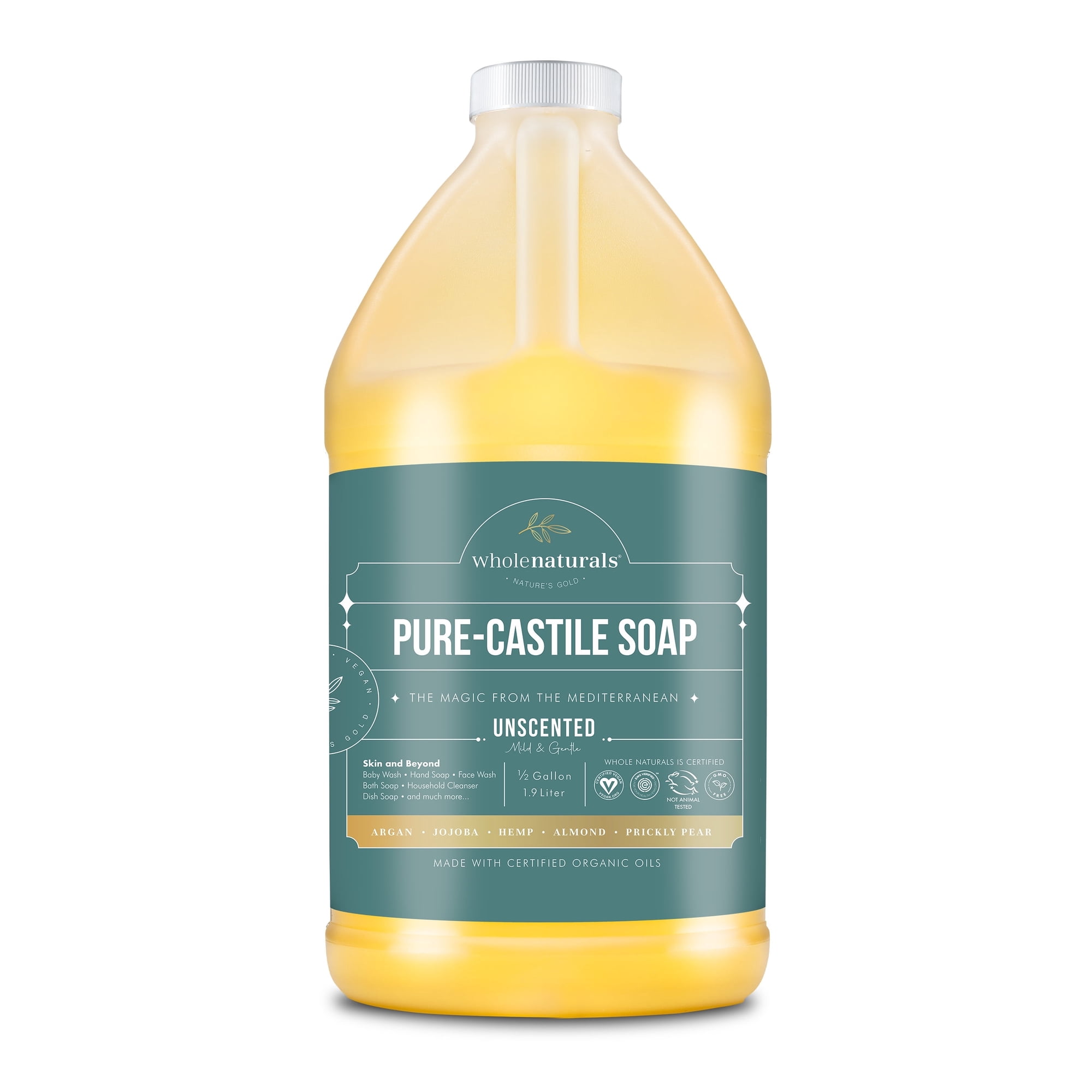 WHOLENATURALS Pure Castile Soap Liquid, EWG Verified & Certified Palm Oil Free Unscented, Natural, Mild & Gentle Non-gmo & Vegan - Organic Body Wash, Laundry, Pet/Dog and Baby Soap - 64 Fl Oz