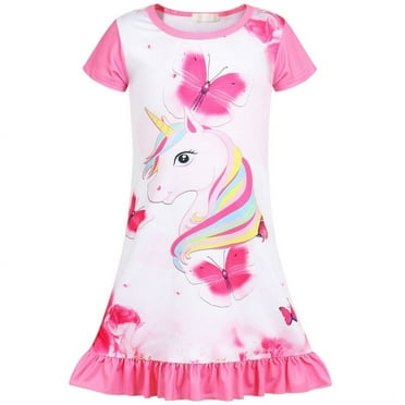 Jurebecia Girls Nightgowns Unicorn Short Sleeve Sleepwear Nightie Sleepwear Night Sleep Dress Princess Pajama Dresses Soft Nightgown 120 cm 4-5 Years