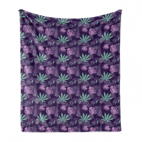 Tropical Soft Flannel Fleece Blanket, Exotic Jungle Leaves Monstera Fan Palm Banana Island Coconut Tree Pattern, Cozy Plush for Indoor and Outdoor Use, 50" x 70", Purple and Seafoam, by Ambesonne