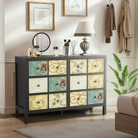Festisoul 6 Drawer Dresser for Bedroom, Wooden Chest of Drawers, Retro Floral Pattern Dresser, Farmhouse Dressers for Bedroom, Living Room, Hallway, Entryway