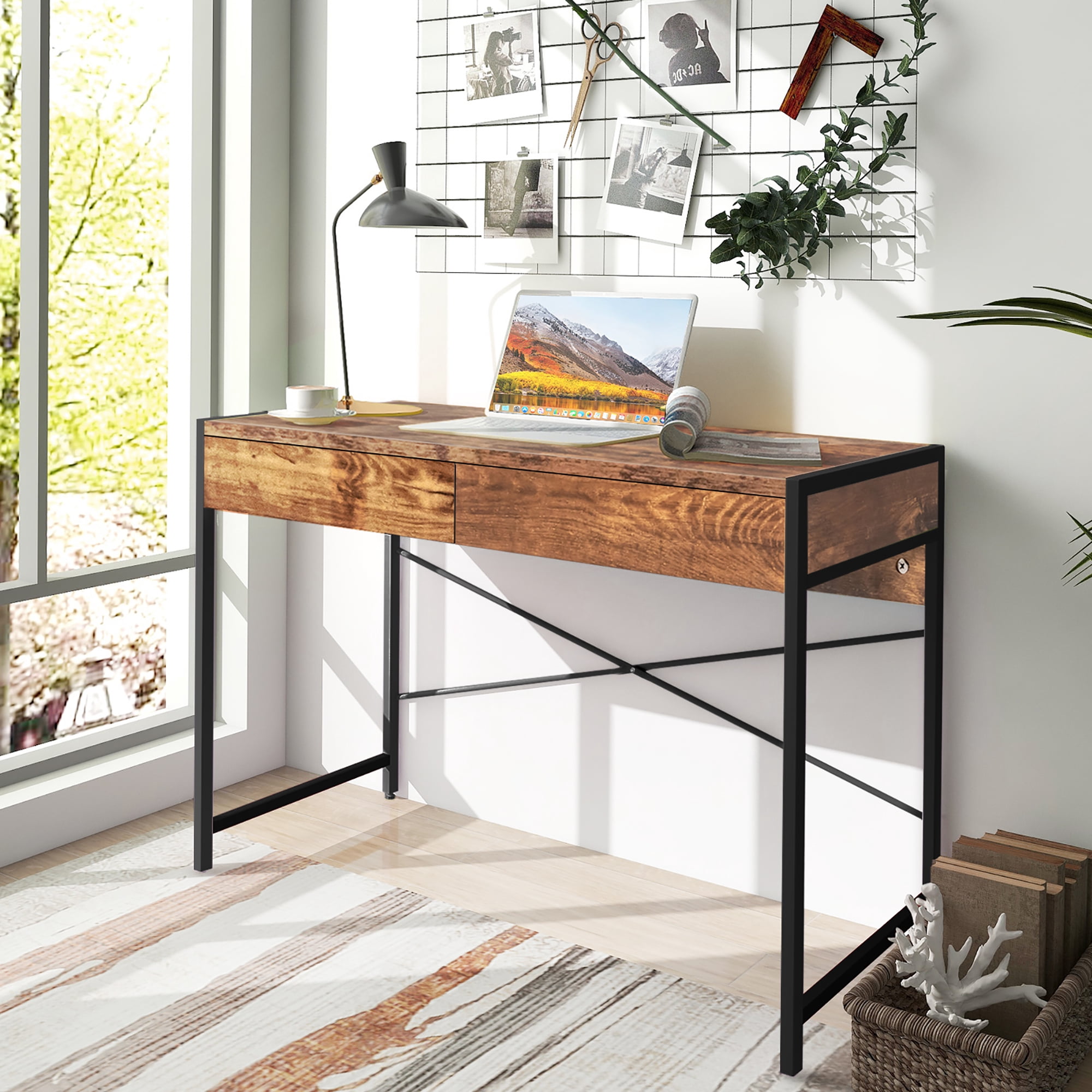 Costway Computer Desk Metal Frame Study Table Home Office Workstation w/2 Drawers Rustic