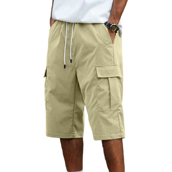 Homeyce Cargo Short for Men Knee Length Elastic Waist Shorts Outdoor Lightweight Work Hiking Fishing Bermuda Short with Multi-Pockets No Belt Big Tall Pants,Khaki 3XL