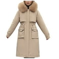 thumbnail image 3 of Jinhomg Womens Trendy Long Down Coat Plus Size Comfy Faux Fur Hooded Puffer Jacket Heavyweight Warm Double Closure Drawstring Waist Outerwear with Pockets Summer Saving Khaki XXXL, 3 of 7