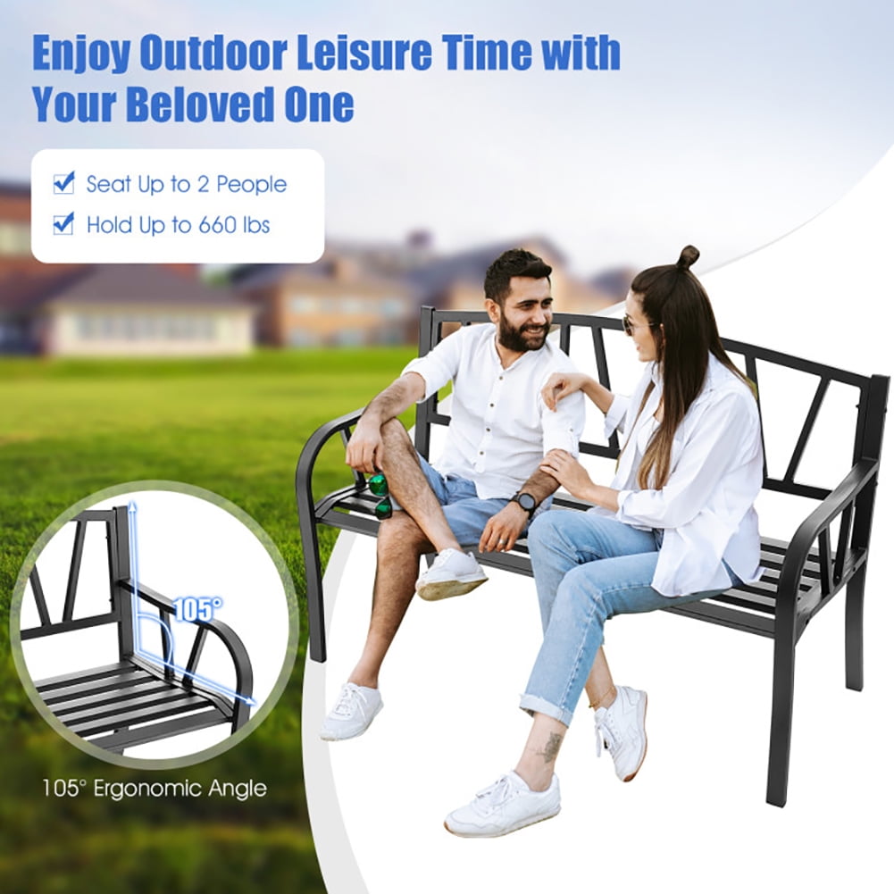 Aimee Lii Patio Garden Bench with Metal Frame and Slatted Seat, Outdoor Patio Furniture, Black Aimee Lii Patio Garden Bench with Metal Frame and Slatted Seat, Outdoor Patio Furniture, Black