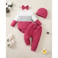 thumbnail image 2 of KIMI BEAR Newborn Baby Girls Outfit Set 0-3 Months Clothes Ruffle Long Sleeves Color Block Romper Bowknot Pants with Headband and Hat 4pcs Winter Clothing Pink, 2 of 9