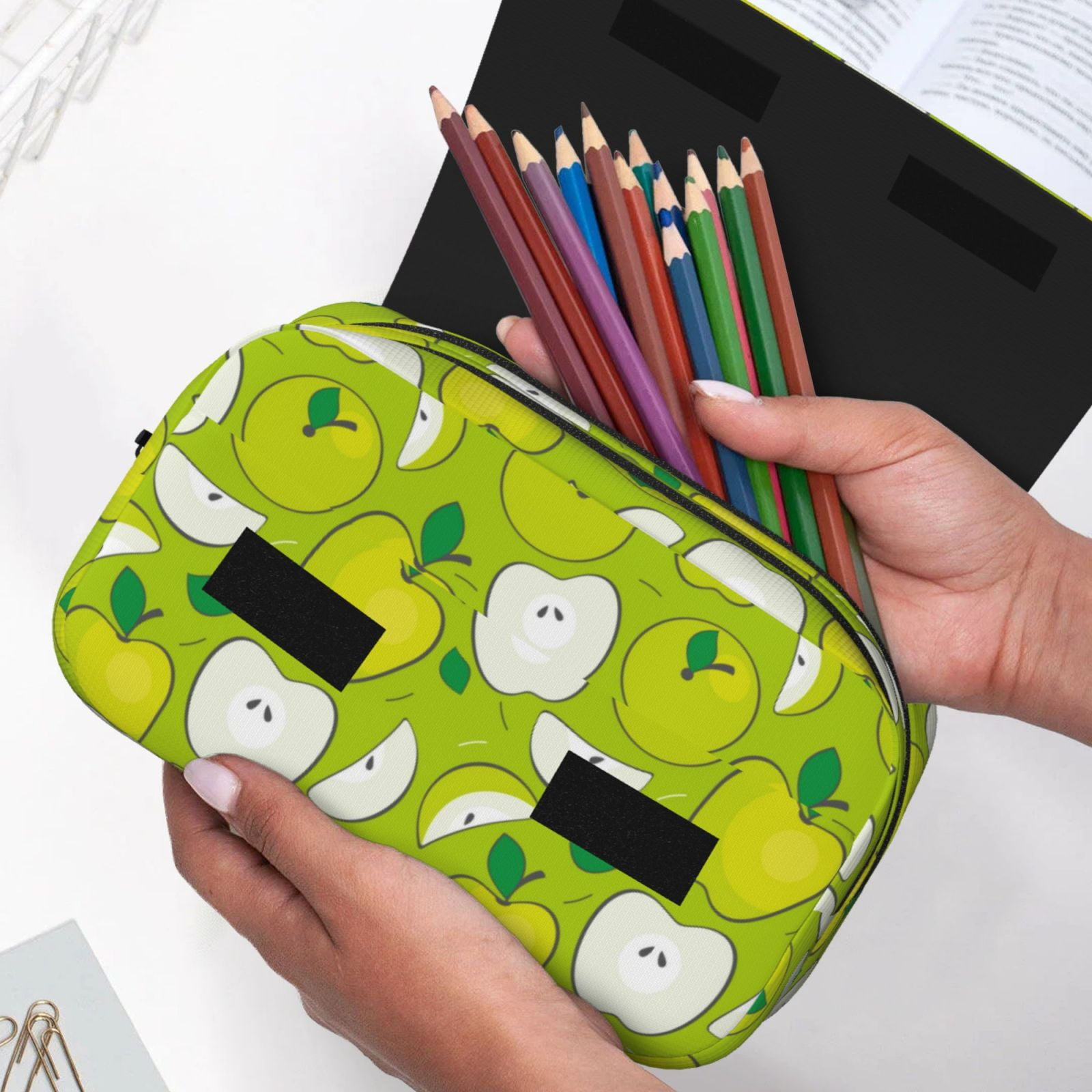 Kdxio Green Apple for Double Compartment Pen Case Oxford Organizer with Zipper Pockets for Students Artists