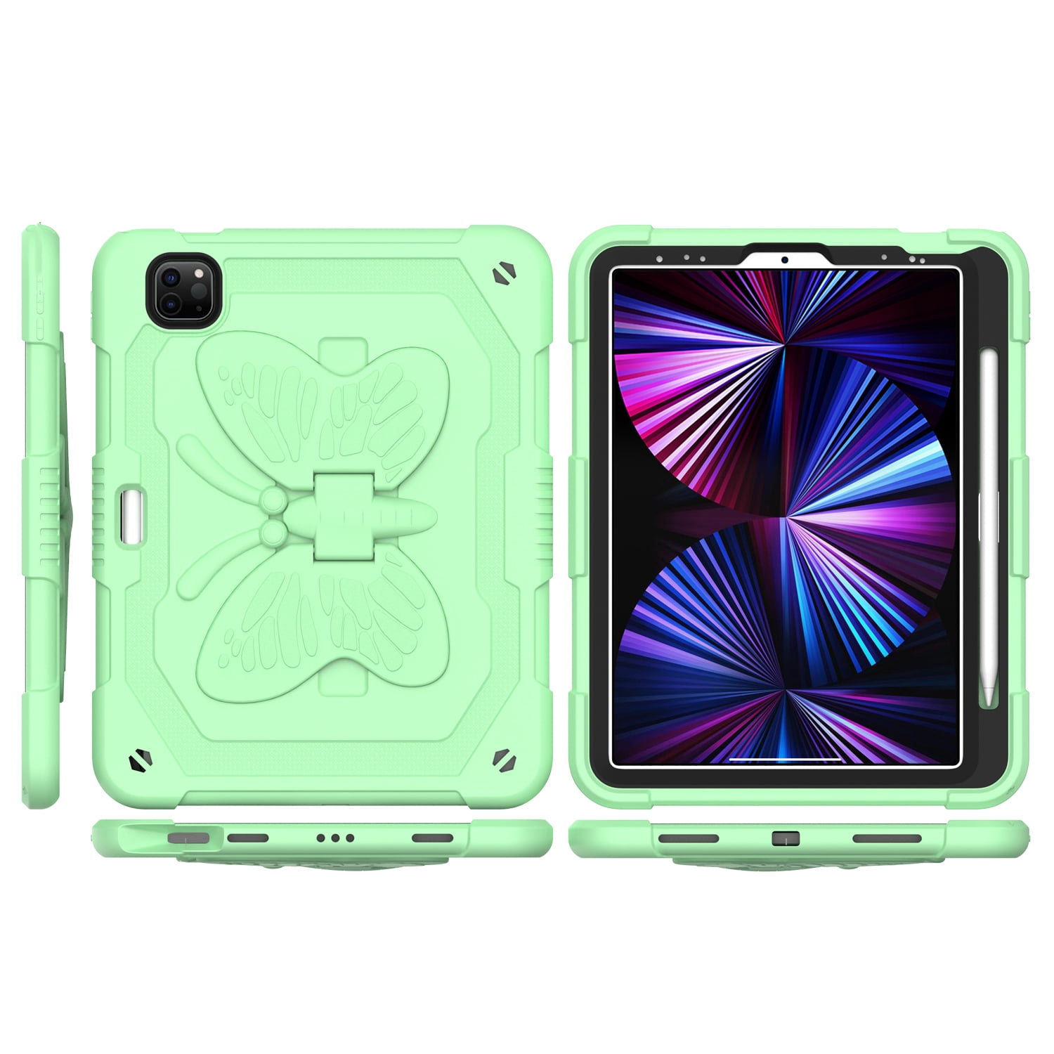 For Apple iPad 10th Gen 2022 Butterfly Wings Kickstand Tough Hybrid with Pencil Holder Heavy Duty Rugged Shockproof Cover ,Xpm Phone Case [ Green ]