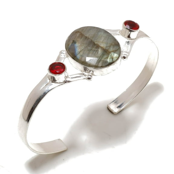 Blue Fire Labradorite Garnet Gemstone Adjustable Bangle Handmade Jewelry BR 198